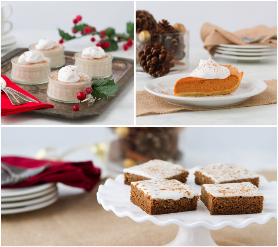 Gingerbread cake, pumpkin pie, and eggnog pudding